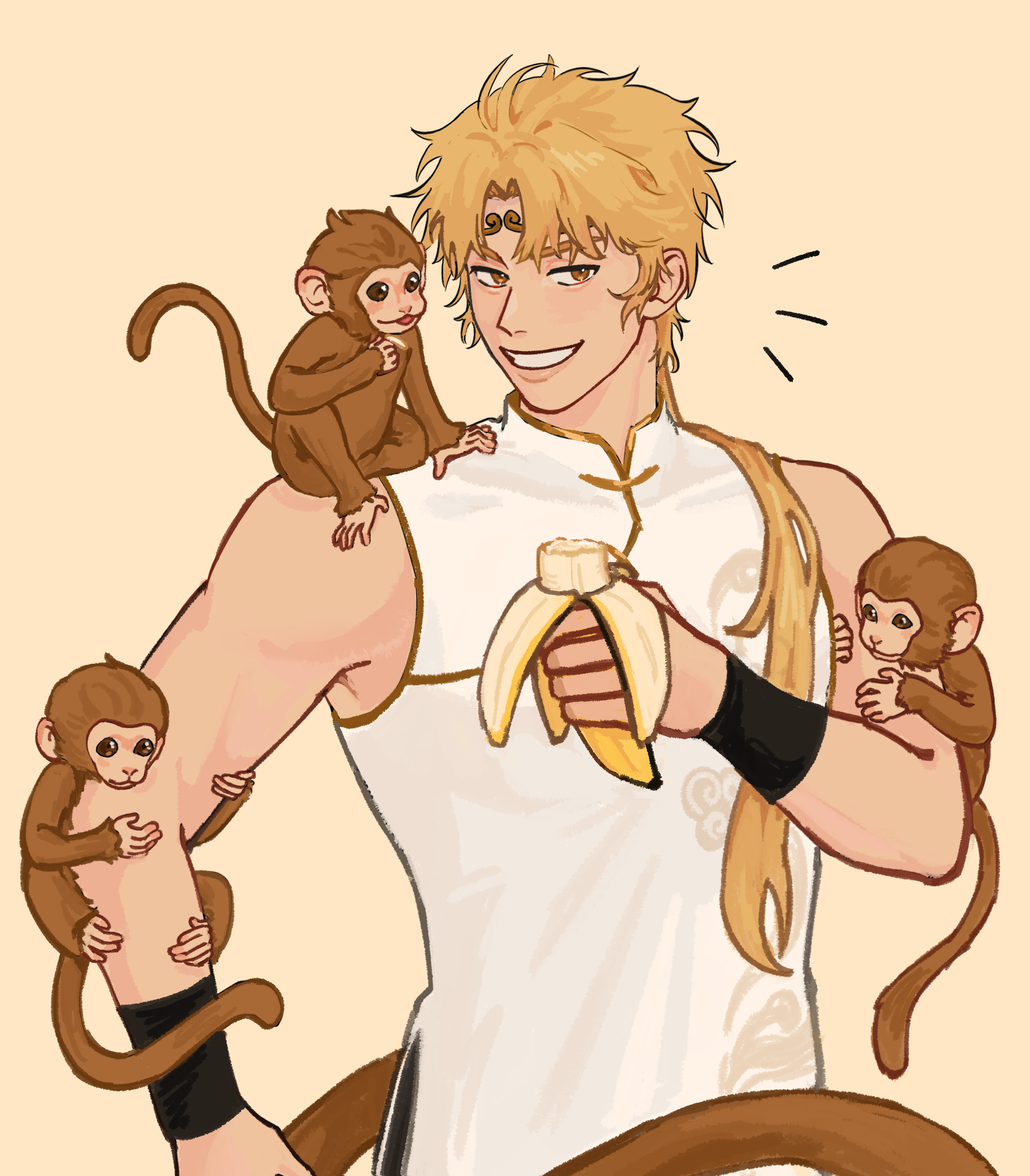 dokjasepilogue, sun wukong (omniscient reader's viewpoint), omniscient reader's viewpoint, absurdres, highres, 1boy, animal, animal on arm, animal on shoulder, banana, bangle, blonde hair, bracelet, curtained hair, food, fruit, grin, hair over shoulder, headband, holding, holding food, holding fruit, jewelry, kemonomimi mode, looking at viewer, low ponytail, mandarin collar, monkey, monkey tail, notice lines, ponytail, shirt, sleeveless, sleeveless shirt, smile, tail, toned, toned male, white changpao, yellow eyes