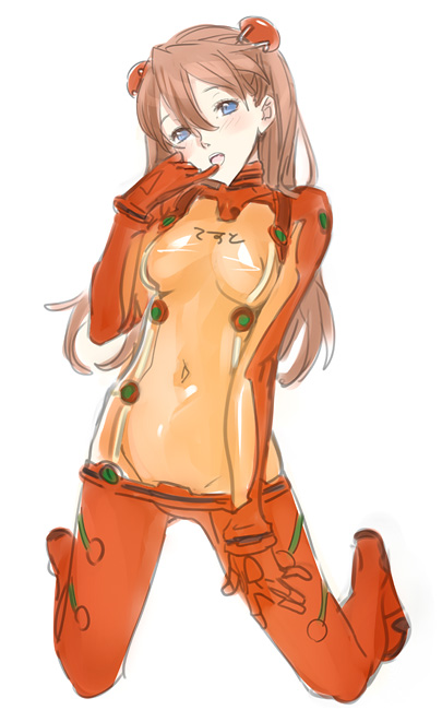 nishieda, souryuu asuka langley, neon genesis evangelion, rebuild of evangelion, 00s, 1girl, blue eyes, bodysuit, breasts, cleavage, female focus, mecha pilot suit, multicolored bodysuit, plugsuit (evangelion), red hair, see-through cleavage, see-through clothes, simple background, solo, test plugsuit (evangelion), two-tone bodysuit