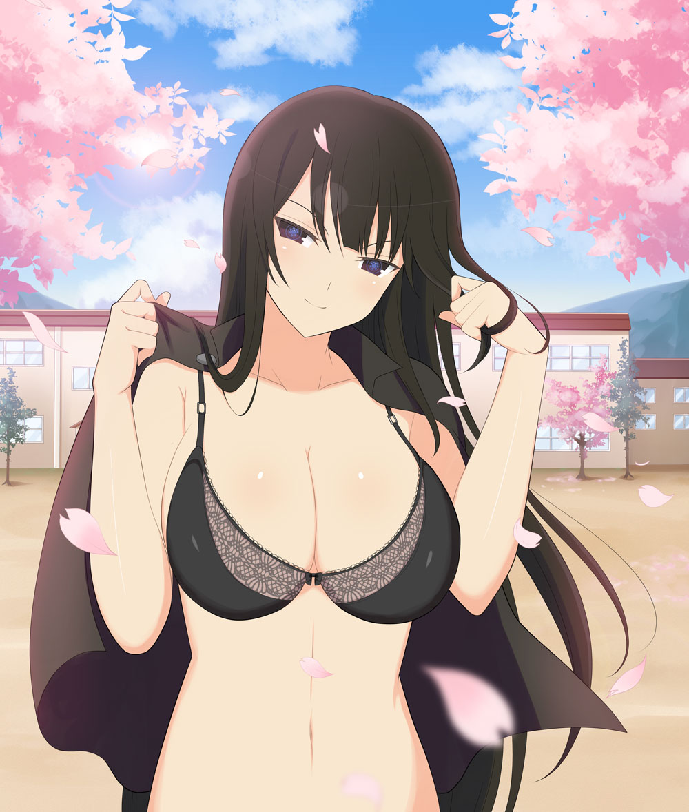 kagura (senran kagura), senran kagura, senran kagura new wave, non-web source, official art, 1girl, armpit crease, black bra, black eyes, black hair, black shirt, blue pupils, blush, bow, bow bra, bra, breasts, cherry blossoms, cherry tree, cleavage, cloud, cloudy sky, falling petals, flower-shaped pupils, lace, lace-trimmed bra, lace trim, large breasts, linea alba, long hair, looking at viewer, mountain, mountainous horizon, navel, outdoors, petals, pink petals, school, shiny skin, shirt, sky, smile, smirk, solo, spring (season), symbol-shaped pupils, tree, underwear, undressing, upper body, v-shaped eyebrows, very long hair, window