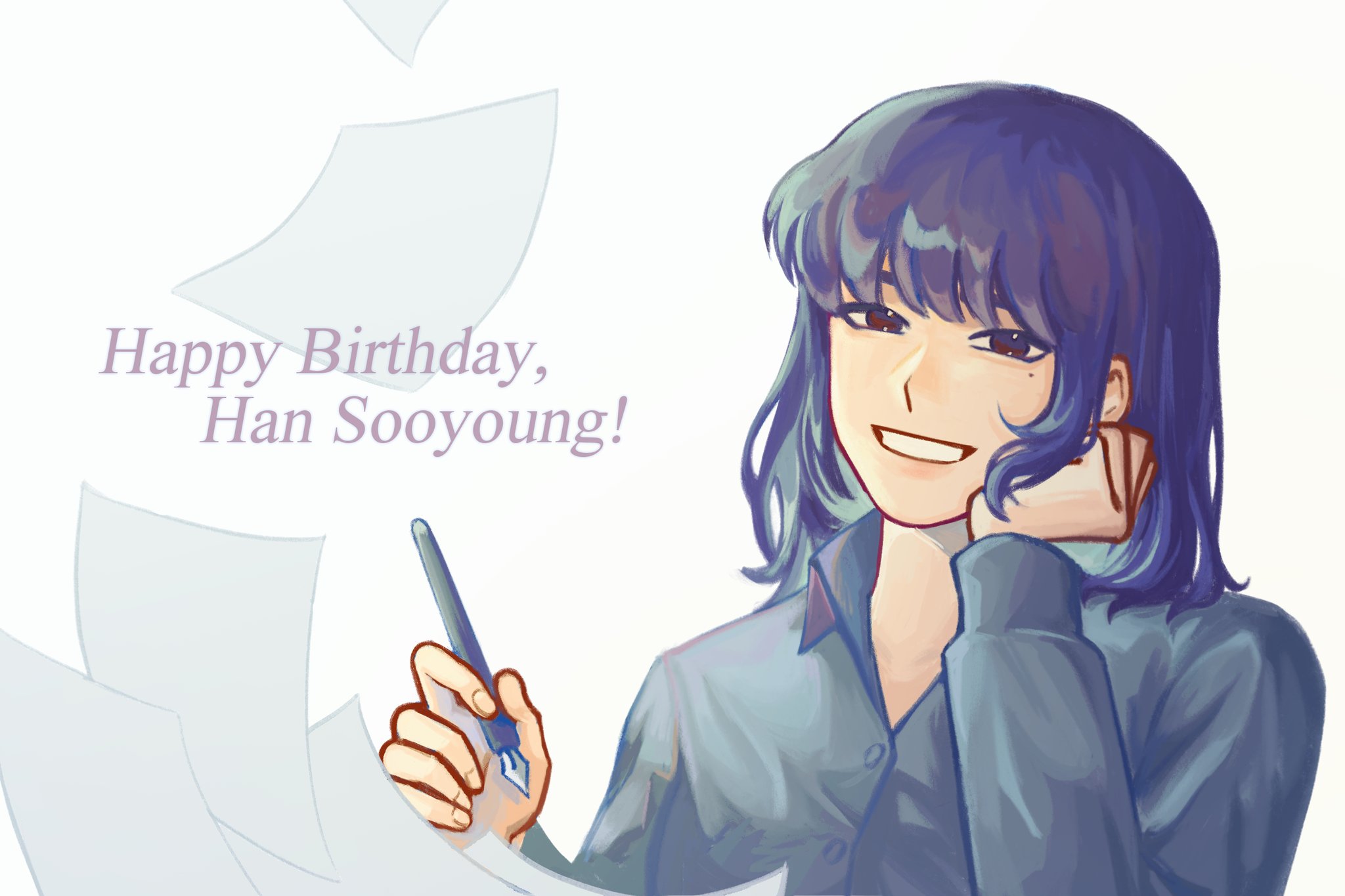 dokjasepilogue, han sooyoung, omniscient reader's viewpoint, highres, 1girl, black eyes, black shirt, bob cut, character name, collared shirt, falling paper, grin, hand on own chin, happy birthday, head rest, holding, holding pen, mole, mole under eye, pen, purple hair, shirt, short hair, smile, solo, upper body