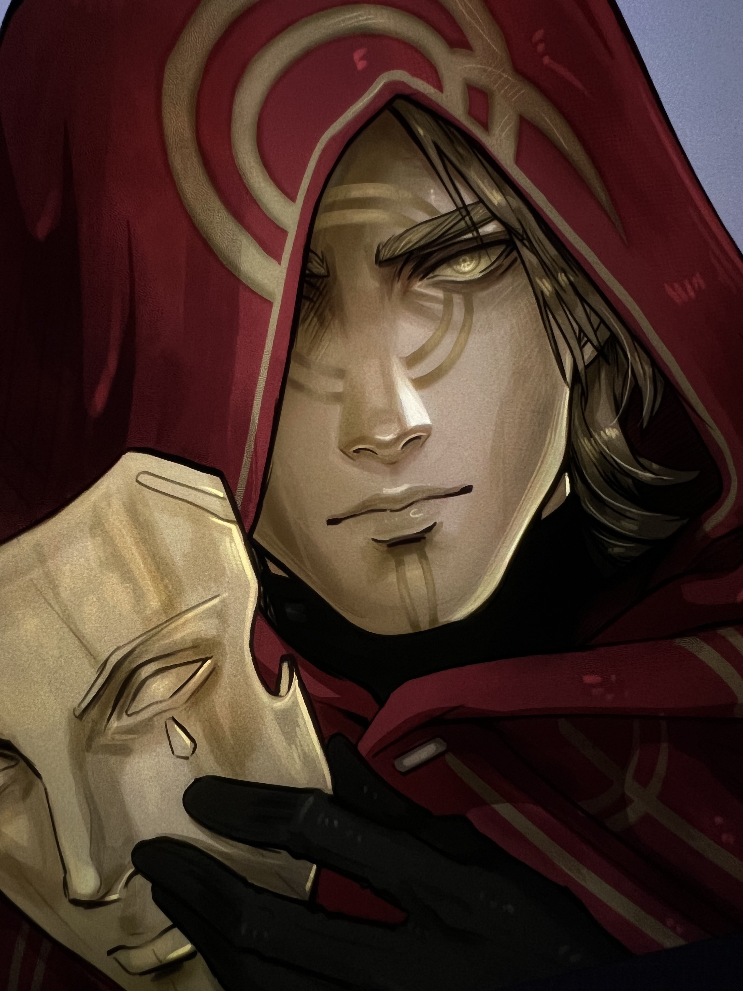 artzaisha, adam warlock, guardians of the galaxy, marvel, marvel rivals, absurdres, commentary, english commentary, highres, unfinished, 1boy, black gloves, blonde hair, blue background, colored skin, gloves, holding, holding mask, looking at viewer, male focus, mask, official alternate costume, one eye covered, red hood, short hair, solo, unworn mask, yellow eyes, yellow skin