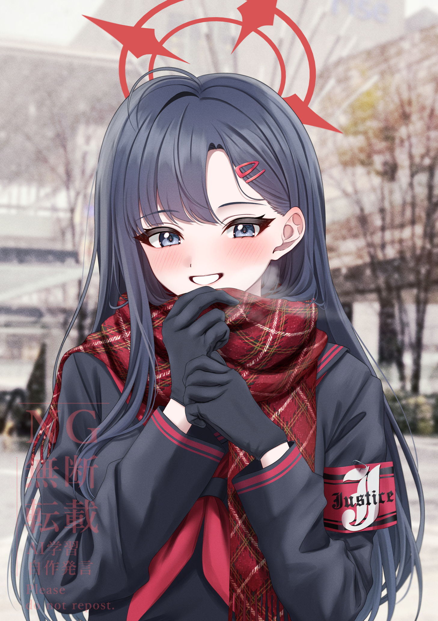 yoshiki 3821, ichika (blue archive), blue archive, highres, 1girl, :d, armband, black gloves, black hair, black shirt, blue eyes, blurry, blurry background, blush, breath, building, day, english text, gloves, grin, hair ornament, hairclip, halo, long hair, long sleeves, looking at viewer, neckerchief, open mouth, outdoors, parted lips, plaid clothes, plaid scarf, red neckerchief, red scarf, scarf, school uniform, serafuku, shirt, smile, solo, upper body