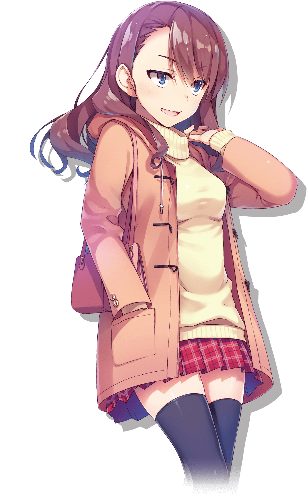 tomose shunsaku, satou maya (youjitsu), youkoso jitsuryoku shijou shugi no kyoushitsu e, highres, official art, 1girl, black thighhighs, blue eyes, brown hair, coat, hand in pocket, long hair, open mouth, orange coat, plaid clothes, plaid skirt, pleated skirt, red skirt, simple background, skirt, solo, sweater, thighhighs, transparent background, yellow sweater, zettai ryouiki