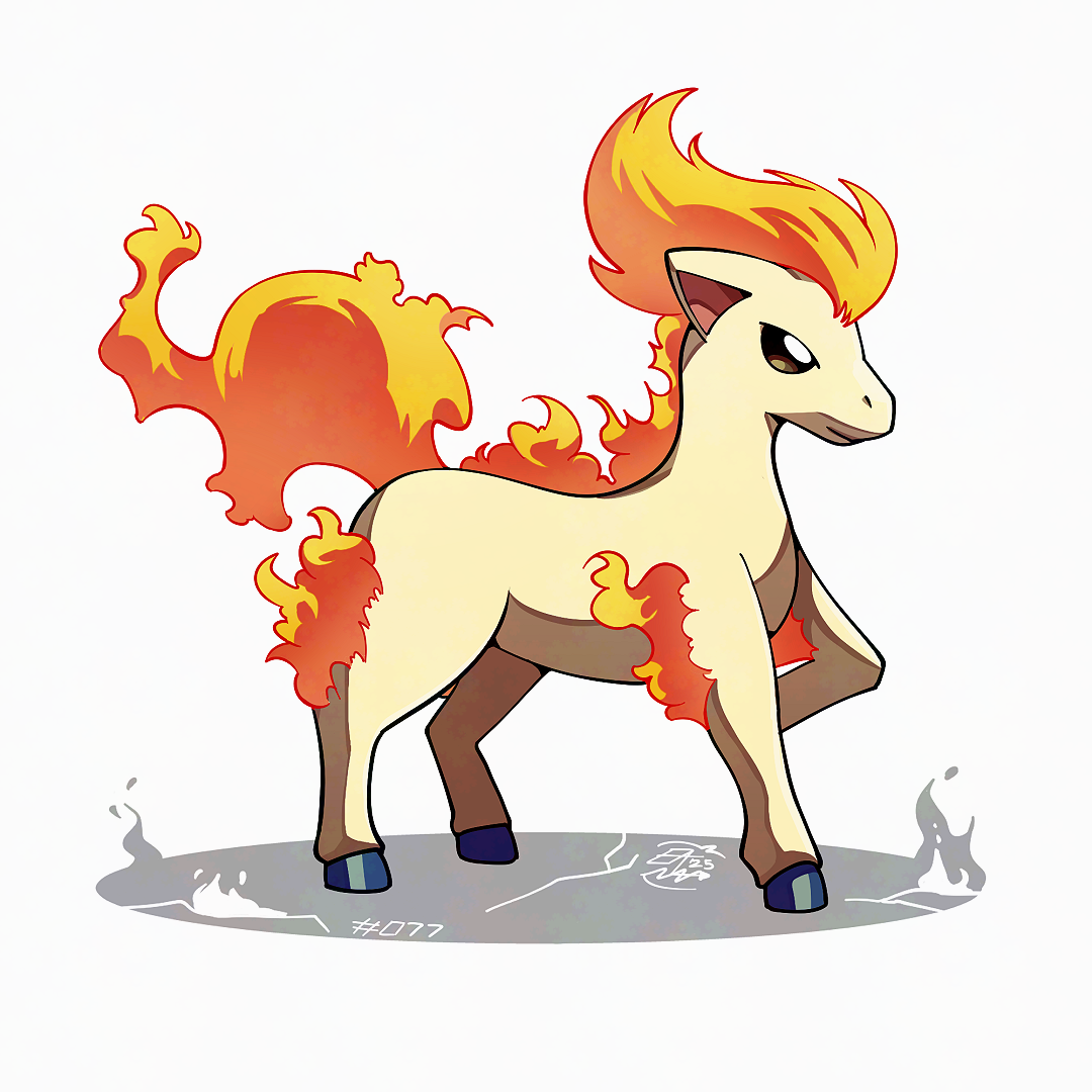 mistray-art, ponyta, nintendo, pokemon, fire, from side, full body, gen 1 pokemon, hooves, no humans, numbered, pokemon (creature), pony (animal), shirt, signature, simple background, solo, white background, white fur, white shirt