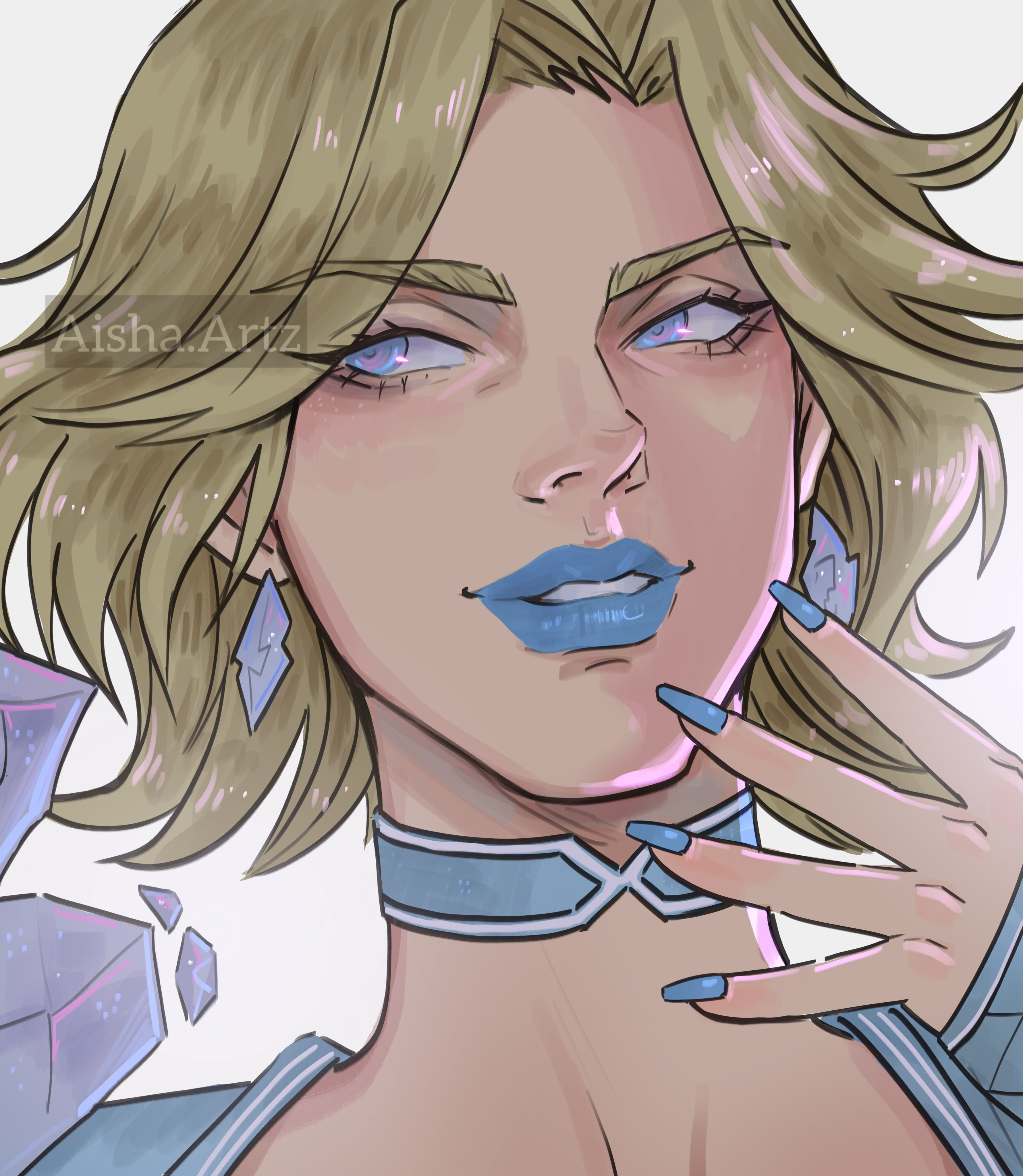 artzaisha, emma frost, marvel, marvel rivals, x-men, absurdres, commentary, highres, 1girl, artist name, blonde hair, blue eyes, blue lips, blue nails, blue trim, choker, diamond-shaped earrings, looking to the side, mature female, parted lips, short hair, smile, solo, upper body, white background, white choker