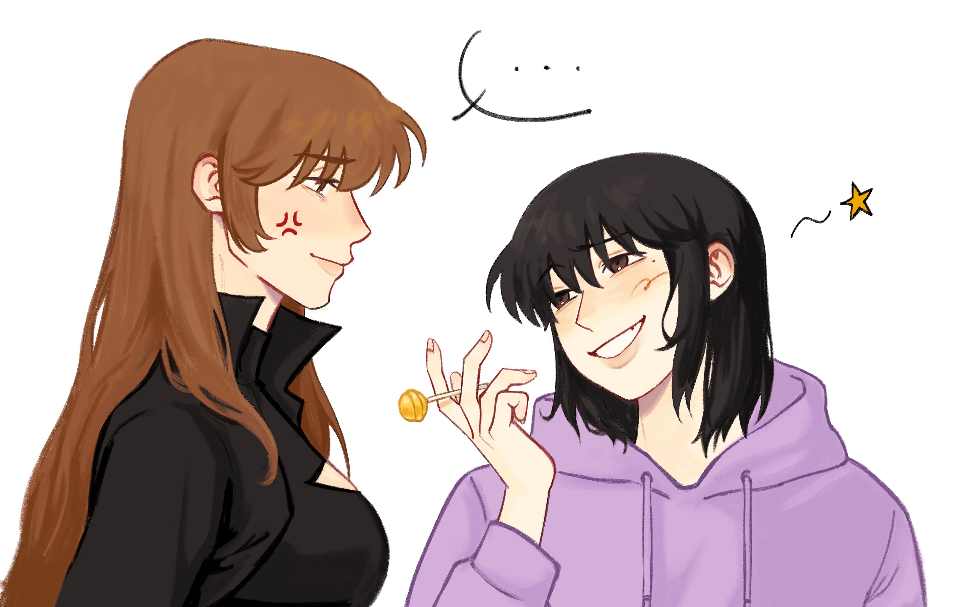 dokjasepilogue, han sooyoung, yoo sangah, omniscient reader's viewpoint, absurdres, highres, …, 2girls, above-cleavage cutout, anger vein, black bodysuit, black eyes, black hair, black jacket, bob cut, bodysuit, brown eyes, brown hair, candy, clothing cutout, food, grin, hair over shoulder, head tilt, holding, holding candy, holding food, holding lollipop, hood, hood down, hoodie, jacket, lollipop, looking at another, mole, mole under eye, multiple girls, open clothes, open jacket, purple hoodie, short hair, sidelocks, smile, spoken ellipsis, upper body, yuri