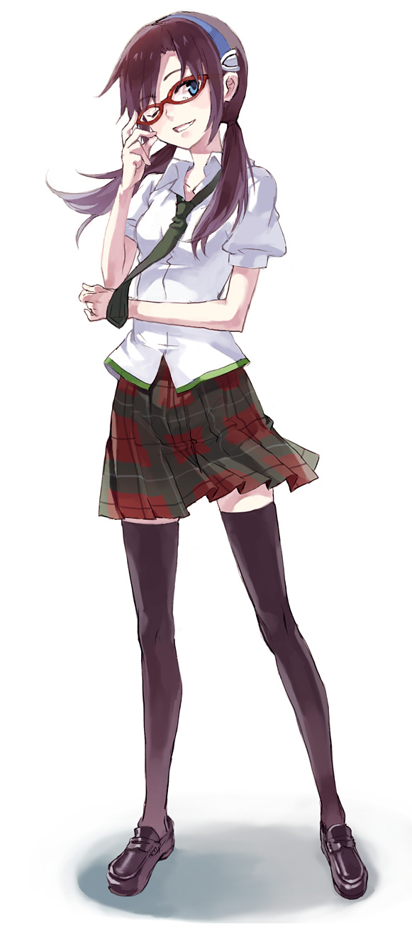 eihi, makinami mari illustrious, evangelion: 2.0 you can (not) advance, neon genesis evangelion, rebuild of evangelion, bad id, bad pixiv id, highres, 00s, 1girl, adjusting eyewear, black thighhighs, blue eyes, brown hair, female focus, glasses, hairband, loafers, long hair, necktie, one eye closed, plaid clothes, plaid skirt, school uniform, shoes, skirt, smile, solo, thighhighs, twintails, wink, zettai ryouiki
