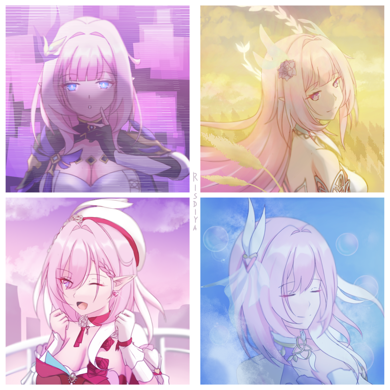 risdiya, cyrene (aedes elysiae) (honkai: star rail), cyrene (honkai: star rail), elysia (herrscher of human: ego) (honkai impact), elysia (hi love elf) (honkai impact), elysia (honkai impact), elysia (miss pink elf) (honkai impact), inoue marina, honkai: star rail, honkai (series), honkai impact 3rd, commentary, highres, 2girls, ;o, bare shoulders, beret, black gloves, blue eyes, breasts, bubble, cleavage, closed eyes, closed mouth, color connection, company connection, corset, diamond-shaped pupils, diamond (shape), earrings, elf, flower, gloves, hair color connection, hair flower, hair ornament, hat, heart, heart earrings, jewelry, large breasts, long hair, looking at viewer, multicolored hair, multiple girls, multiple views, one eye closed, pink hair, pink sky, pointy ears, purple eyes, short hair, single glove, sky, small breasts, smile, symbol-shaped pupils, triquetra, two-tone hair, upper body, very long hair, voice actor connection, wheat, wheat field, white corset, white gloves, white hair, yanning