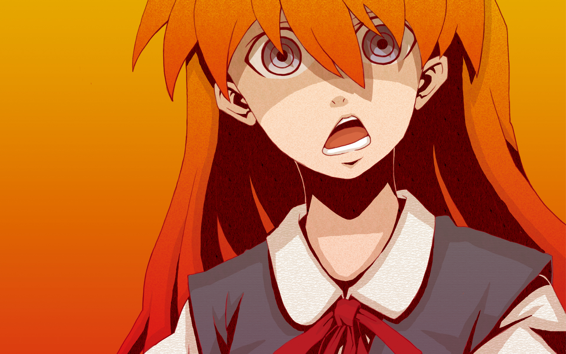 p p p s, souryuu asuka langley, evangelion: 2.0 you can (not) advance, neon genesis evangelion, rebuild of evangelion, highres, 00s, 1girl, blue eyes, crazy eyes, female focus, gradient background, hair between eyes, orange hair, red hair, school uniform, solo
