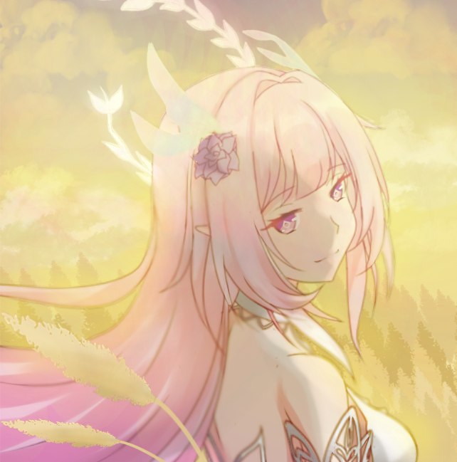 risdiya, cyrene (aedes elysiae) (honkai: star rail), cyrene (honkai: star rail), honkai: star rail, honkai (series), commentary, 1girl, bare shoulders, breasts, diamond-shaped pupils, diamond (shape), flower, hair flower, hair ornament, large breasts, long hair, looking at viewer, pink hair, purple eyes, smile, solo, symbol-shaped pupils, upper body, very long hair, wheat, wheat field