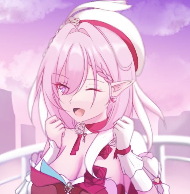 risdiya, elysia (hi love elf) (honkai impact), elysia (honkai impact), honkai (series), honkai impact 3rd, commentary, 1girl, ;o, bare shoulders, beret, breasts, cleavage, diamond-shaped pupils, diamond (shape), earrings, elf, gloves, hat, heart, heart earrings, jewelry, large breasts, long hair, multicolored hair, one eye closed, pink hair, pink sky, pointy ears, purple eyes, single glove, sky, solo, symbol-shaped pupils, two-tone hair, upper body, very long hair, white gloves, white hair