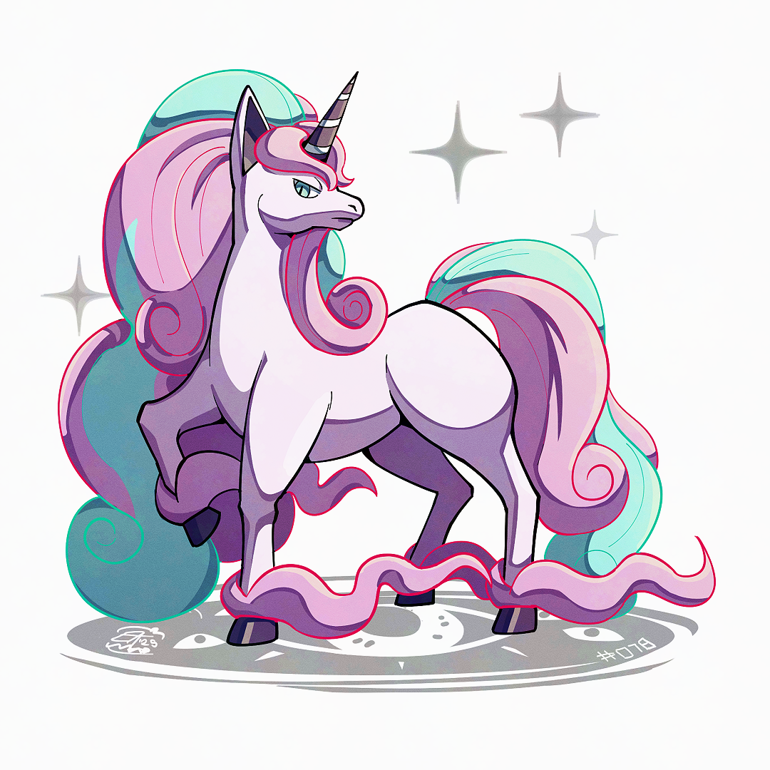 mistray-art, galarian rapidash, nintendo, pokemon, blue hair, full body, galarian form, gen 8 pokemon, horns, long hair, multicolored hair, no humans, numbered, pink hair, pokemon (creature), signature, simple background, single horn, solo, sparkle, tail, two-tone hair, unicorn, white background, white fur