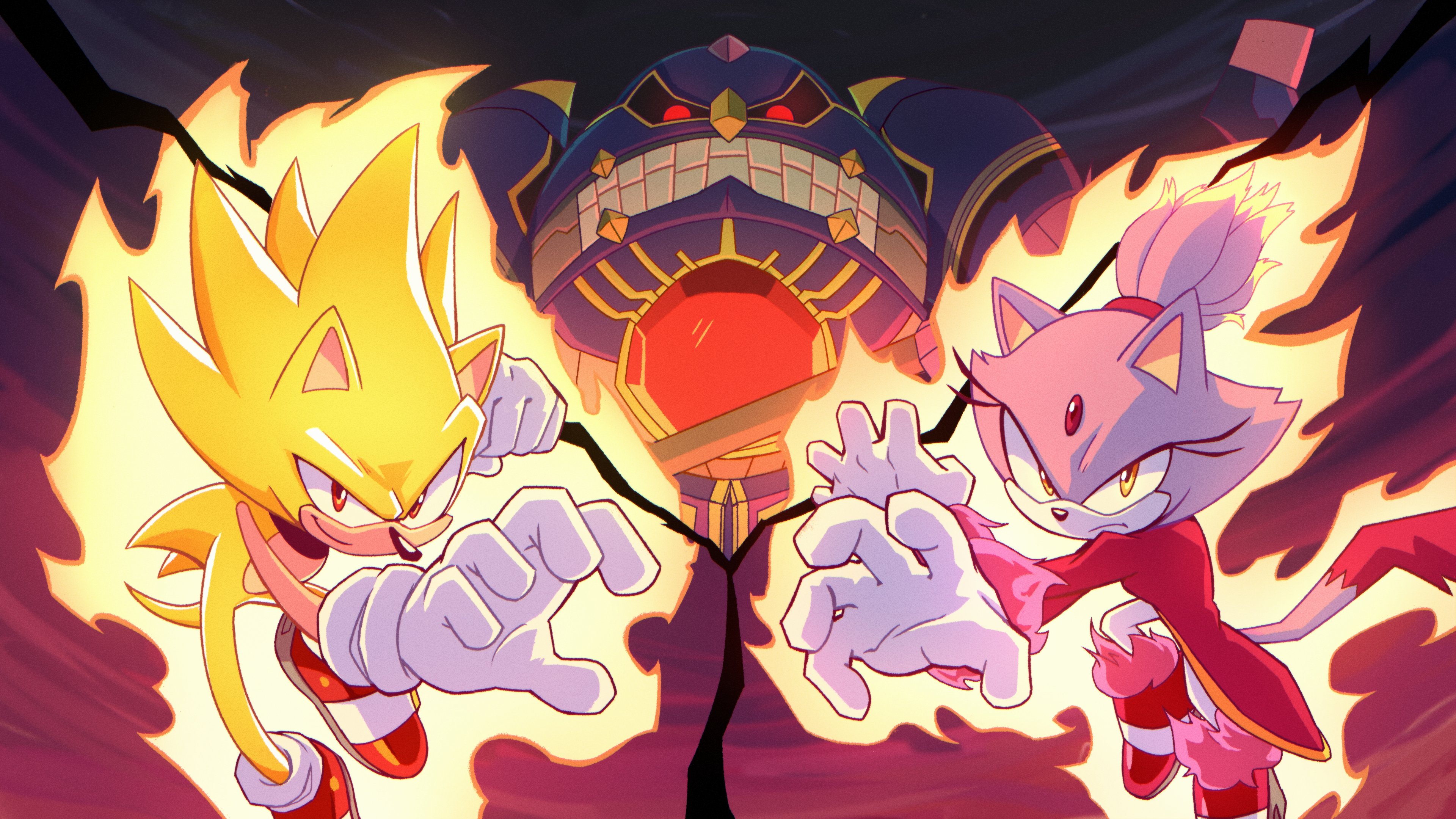 other subject1, blaze the cat, burning blaze, sonic the hedgehog, super sonic, sonic (series), sonic rush adventure, absurdres, commission, highres, 1boy, 1girl, aura, forehead jewel, gloves, jacket, pink fur, ponytail, red eyes, red jacket, red shoes, shoes, smile, white gloves, yellow eyes, yellow fur