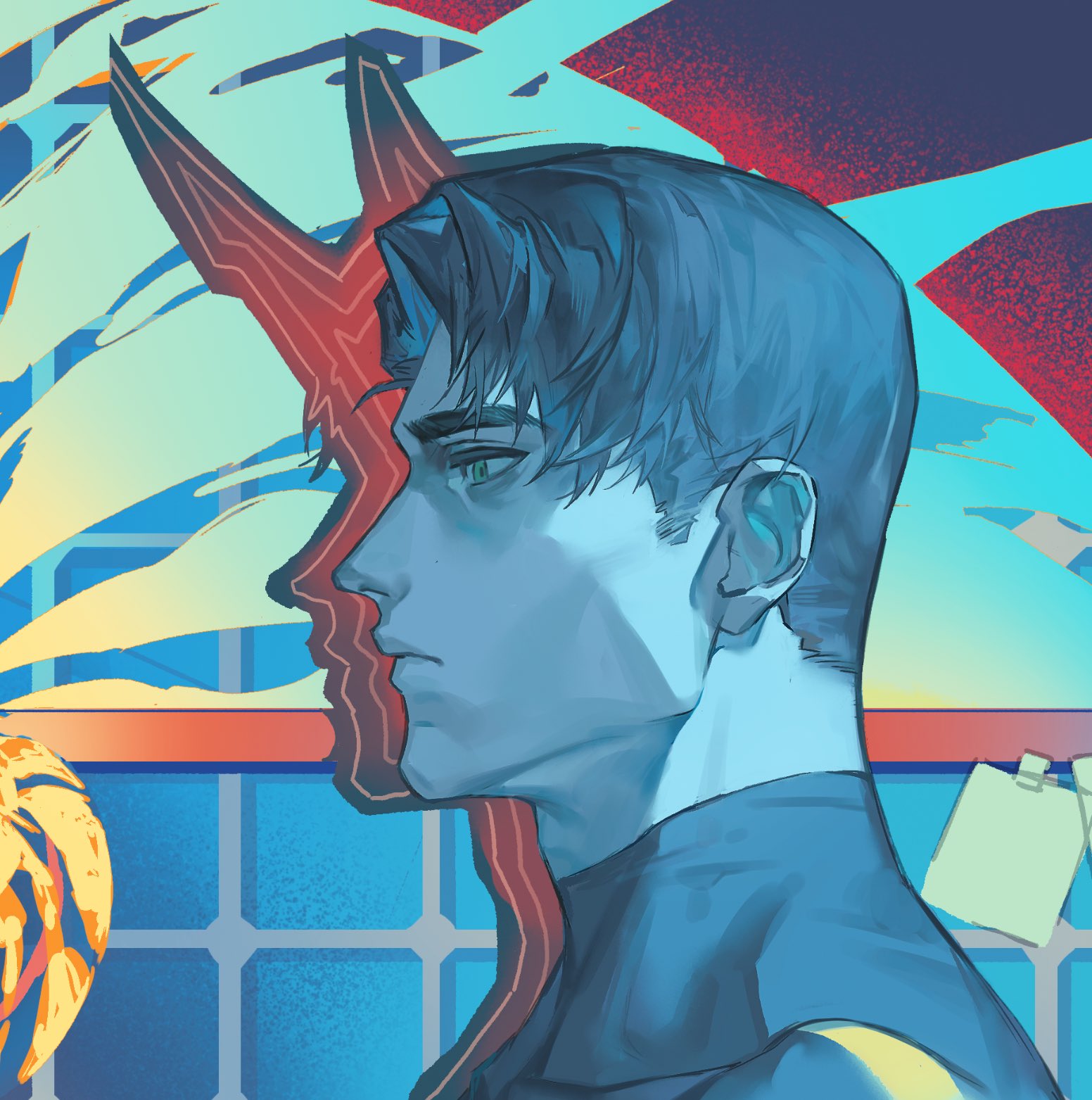 jing84672940, meursault (project moon), limbus company, project moon, highres, 1boy, blue eyes, blue hair, blue theme, different shadow, from side, horns, limited palette, male focus, official alternate costume, portrait, r corp. (identity) (project moon), serious, short hair, sideburns, solo, tile wall, tiles