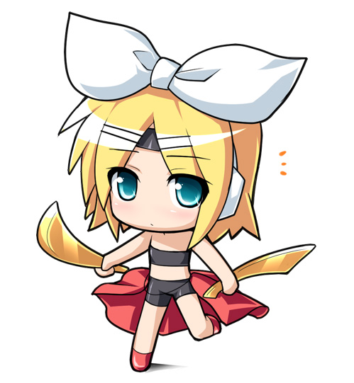 katami shinta, kagamine rin, vocaloid, 1girl, blonde hair, blue eyes, chibi, female focus, hair ribbon, ribbon, solo, spandex, white background