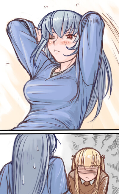 tsuda nanafushi, shinku, suigintou, rozen maiden, silver hair, 00s, aged up, blonde hair, breast envy, breasts, casual, exercising, long hair, sit-up, sleeves rolled up, sweat, wink