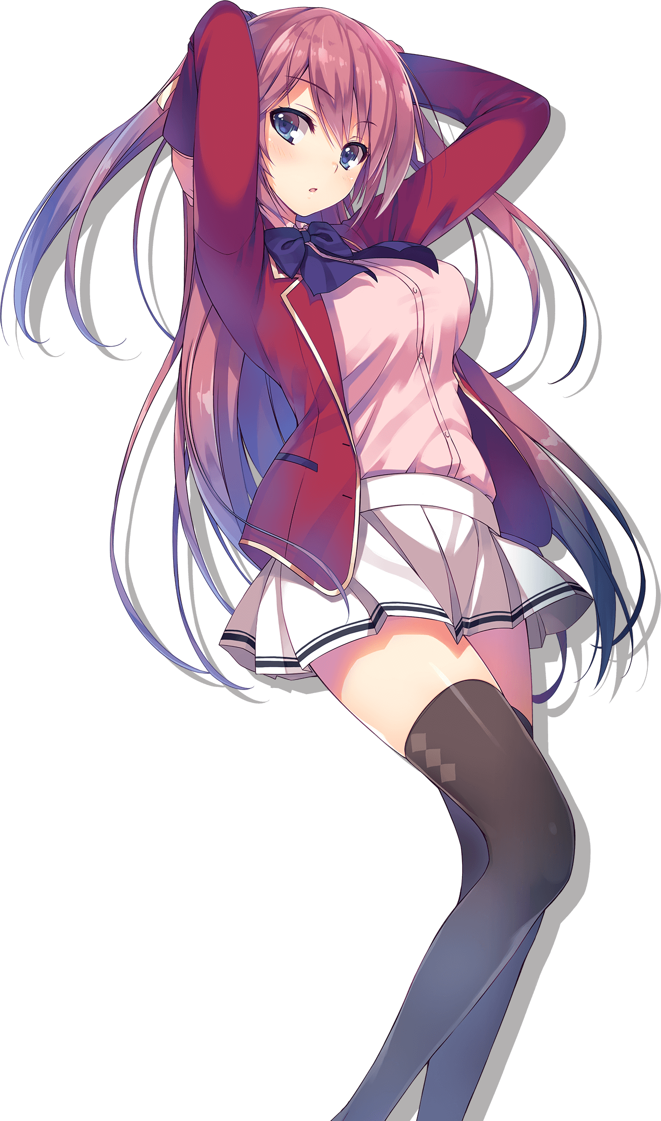 tomose shunsaku, sakura airi, youkoso jitsuryoku shijou shugi no kyoushitsu e, highres, official art, 1girl, :o, advanced nurturing high school uniform, argyle clothes, argyle thighhighs, arms behind head, black thighhighs, blazer, blue bow, blue bowtie, blue eyes, bow, bowtie, breasts, collared shirt, feet out of frame, jacket, large breasts, long hair, long sleeves, looking at viewer, miniskirt, open clothes, open jacket, parted lips, pink hair, pink shirt, pleated skirt, pocket, red jacket, ribbon, school uniform, shirt, simple background, skirt, solo, straight hair, thighhighs, transparent background, two side up, very long hair, white skirt, zettai ryouiki