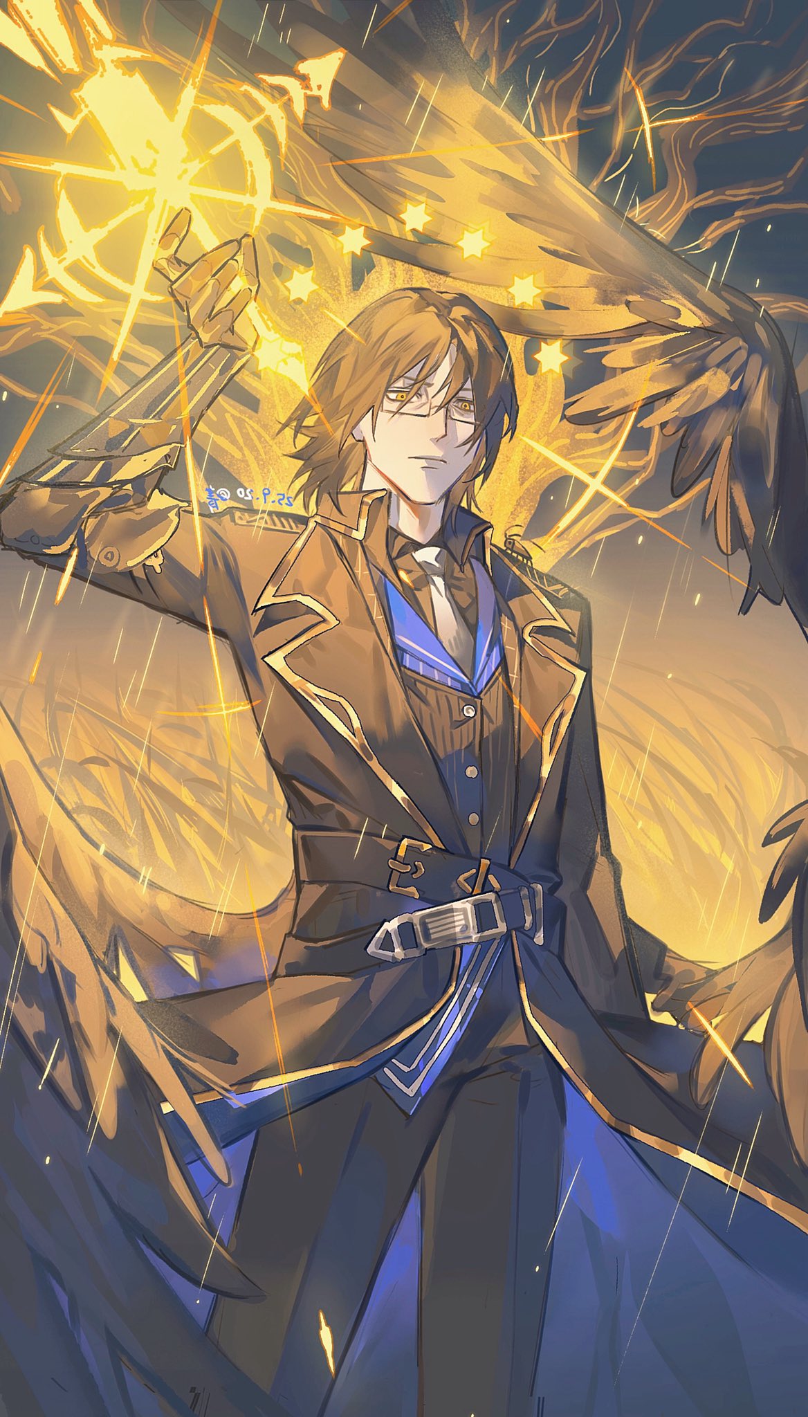 jing84672940, gregor (project moon), mlynar (arknights), arknights, limbus company, project moon, highres, 1boy, adapted costume, arm guards, belt, black hair, black jacket, black vest, black wings, blue shirt, collared shirt, crossover, epaulettes, feathered wings, glasses, glint, gold trim, hand up, holding, holding sword, holding weapon, jacket, lens flare, looking at viewer, male focus, official alternate costume, popped collar, serious, shirt, short hair, solo, sparkle, star (symbol), sword, unbrilliant glory (e.g.o), vest, weapon, wings, yellow eyes