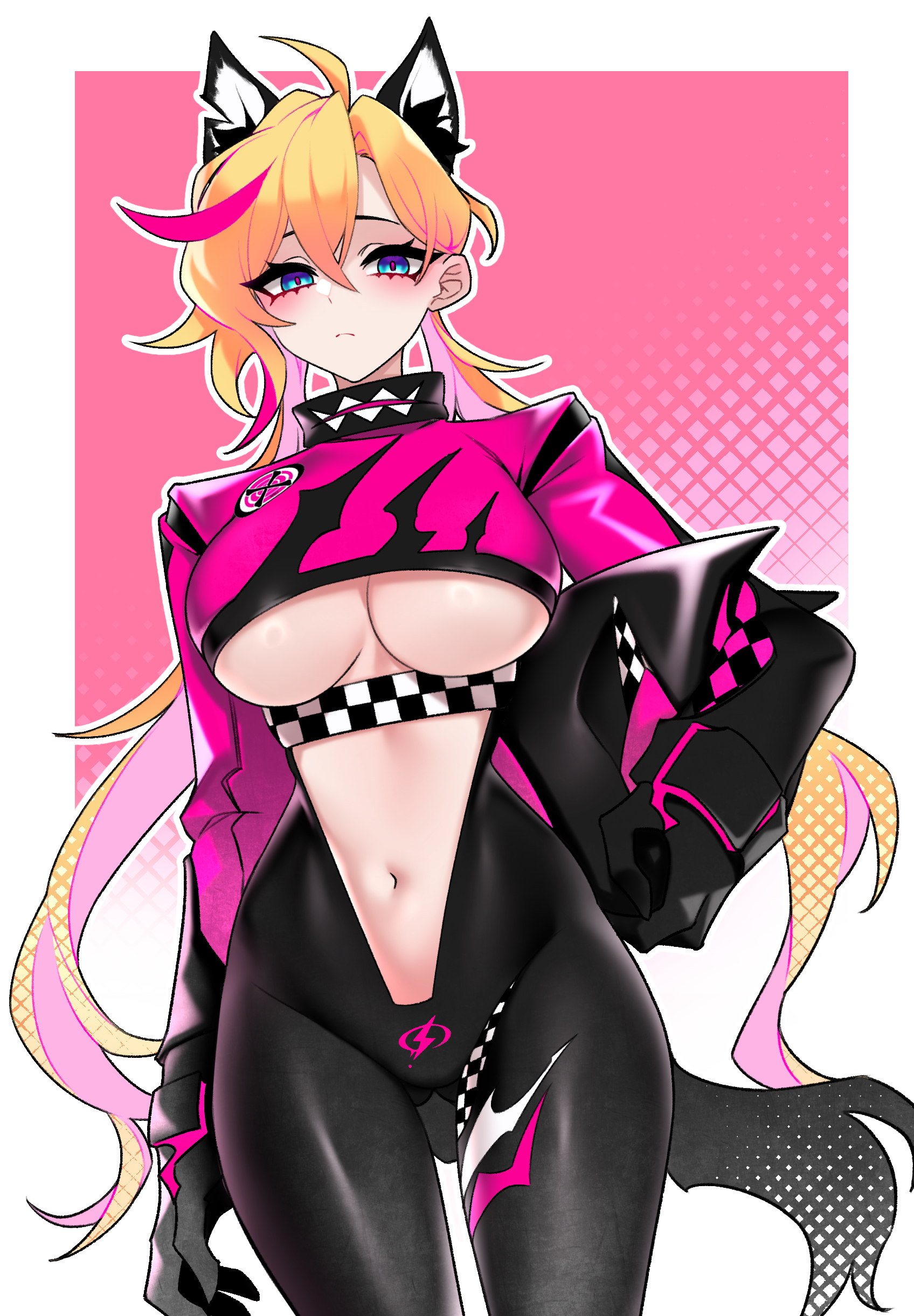 dogs (dlrkdejr26), rin (muse dash), muse dash, absurdres, highres, 1girl, animal ear fluff, animal ears, black gloves, blonde hair, blue eyes, blush, breasts, center opening, closed mouth, cowboy shot, gloves, gluteal fold, helmet, large breasts, long hair, long sleeves, looking at viewer, motorcycle helmet, multicolored hair, navel, pink hair, revealing clothes, solo, streaked hair, two-tone hair, underboob, unworn headwear, unworn helmet, very long hair