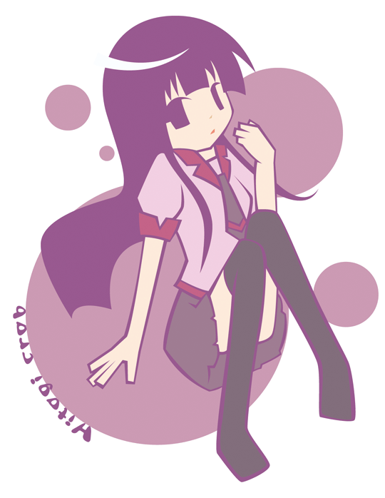 chaki (chakan), senjougahara hitagi, bakemonogatari, monogatari (series), 00s, 1girl, female focus, flat color, full body, long hair, school uniform, sitting, skirt, solo, thighhighs