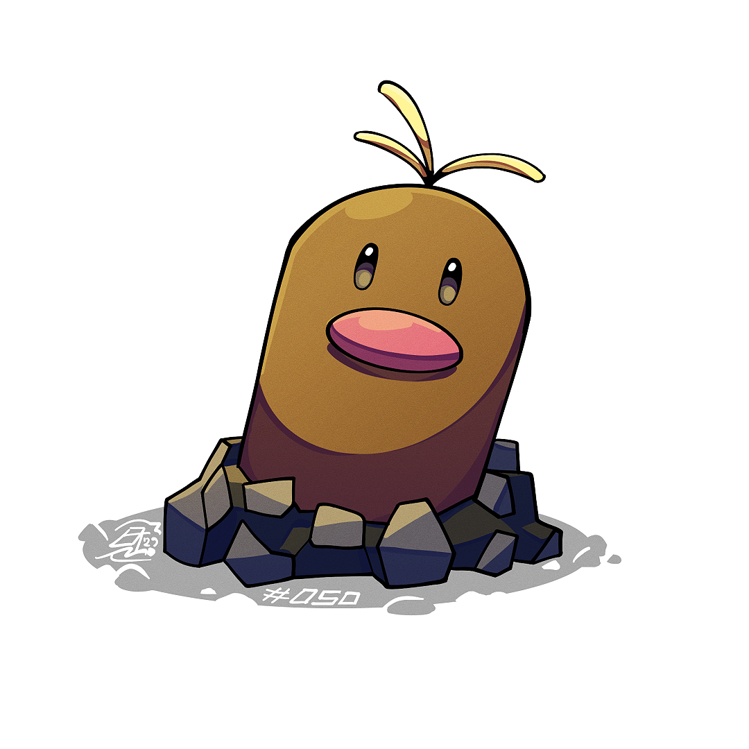 mistray-art, alolan diglett, nintendo, pokemon, alolan form, gen 7 pokemon, looking at viewer, no humans, numbered, pokemon (creature), signature, simple background, solo, white background