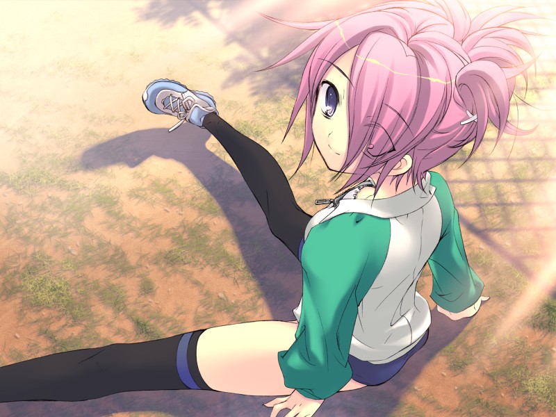 itou noiji, akizuki nagi, peace@pieces, game cg, buruma, from above, gym uniform, hair over one eye, jacket, pantyhose, purple hair, raglan sleeves, shoes, sitting, sneakers, sportswear, thighhighs