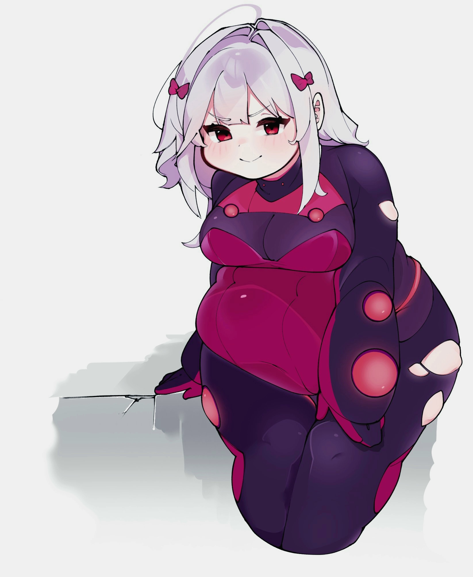 chile paper, original, black bodystocking, commentary request, highres, 1girl, arm support, arms at sides, blush, bodystocking, bodysuit, bow, breasts, center-flap bangs, closed mouth, covered navel, cropped legs, double-parted bangs, fat, grey background, hair between eyes, hair bow, hair intakes, impossible bodysuit, impossible clothes, leotard, looking at viewer, medium breasts, medium hair, pink bow, red eyes, red leotard, ribbed leotard, sidelocks, simple background, sitting, smile, solo, strapless, strapless leotard, torn bodystocking, torn clothes, v-shaped eyebrows, white hair