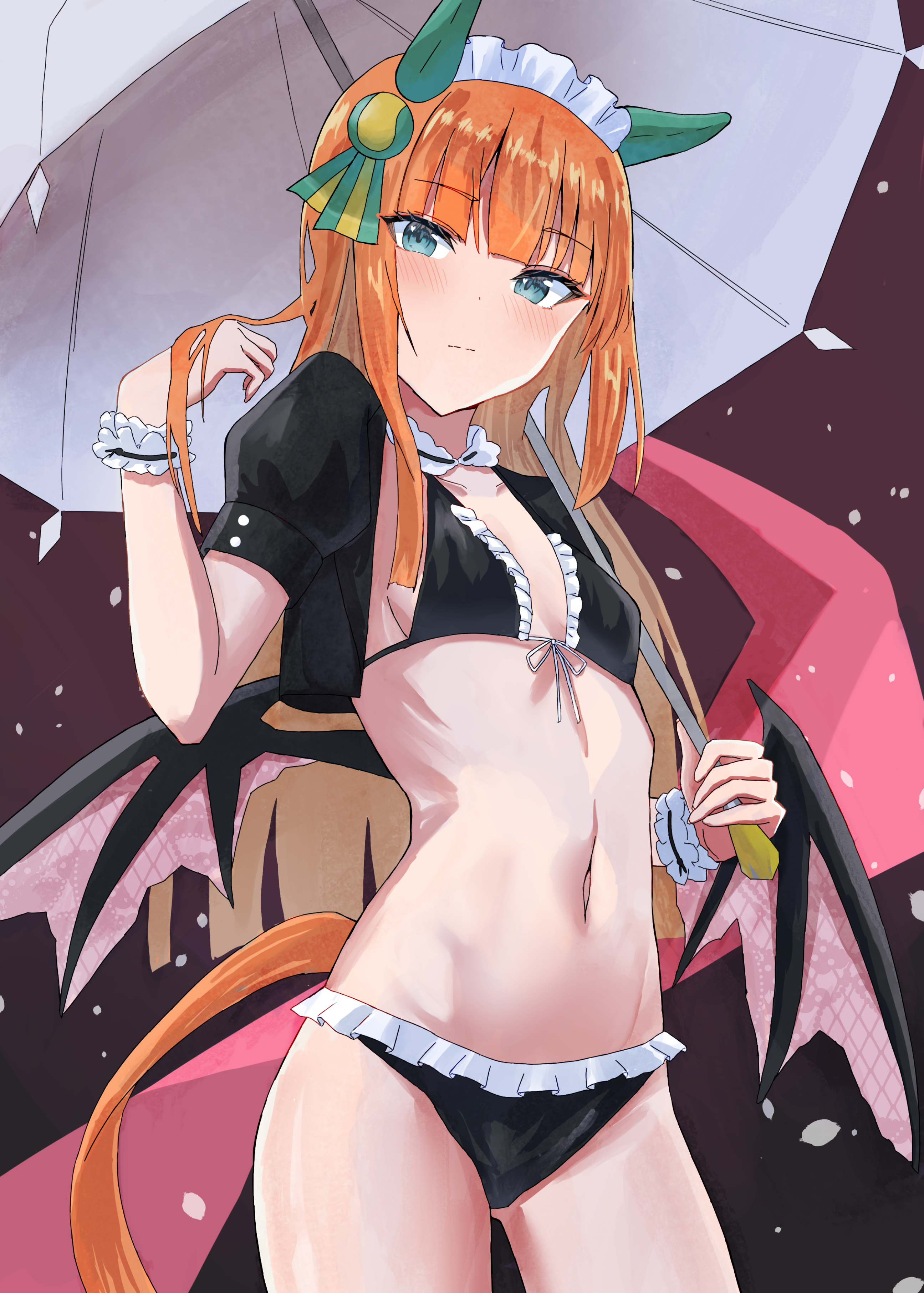 alumina (kennmeidesu), silence suzuka (umamusume), umamusume, absurdres, highres, 1girl, animal ears, aqua eyes, bikini, blunt bangs, blush, breasts, closed mouth, cowboy shot, ear covers, frilled bikini, frills, gluteal fold, gradient background, hand in own hair, hand up, holding, holding umbrella, horse ears, horse girl, horse tail, looking at viewer, maid, maid bikini, maid headdress, navel, orange hair, pink wings, purple background, small breasts, solo, swimsuit, tail, umbrella, unconventional maid, wings, wrist cuffs