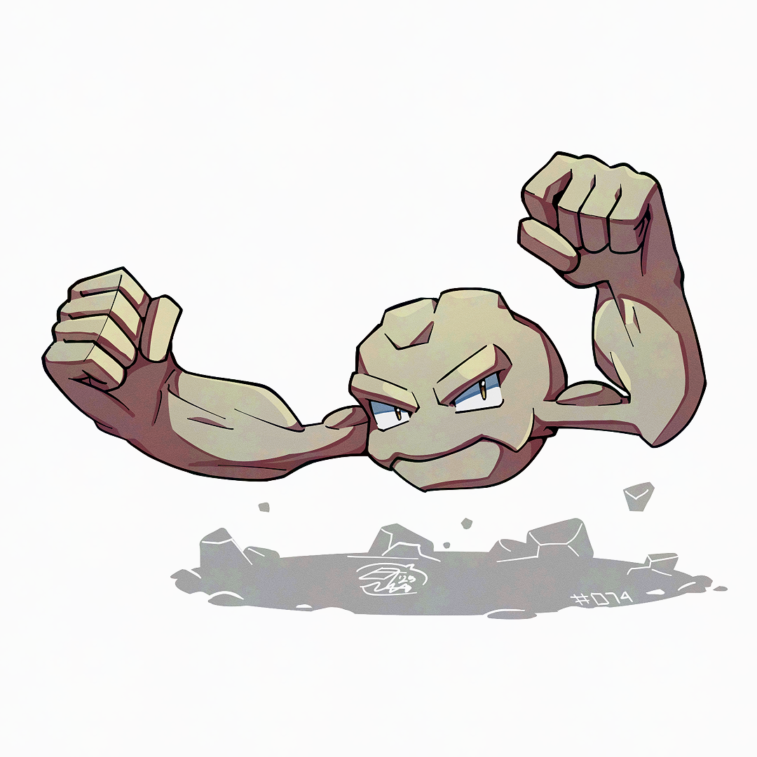 mistray-art, geodude, nintendo, pokemon, full body, gen 1 pokemon, looking at viewer, no humans, numbered, pokemon (creature), signature, simple background, solo, white background