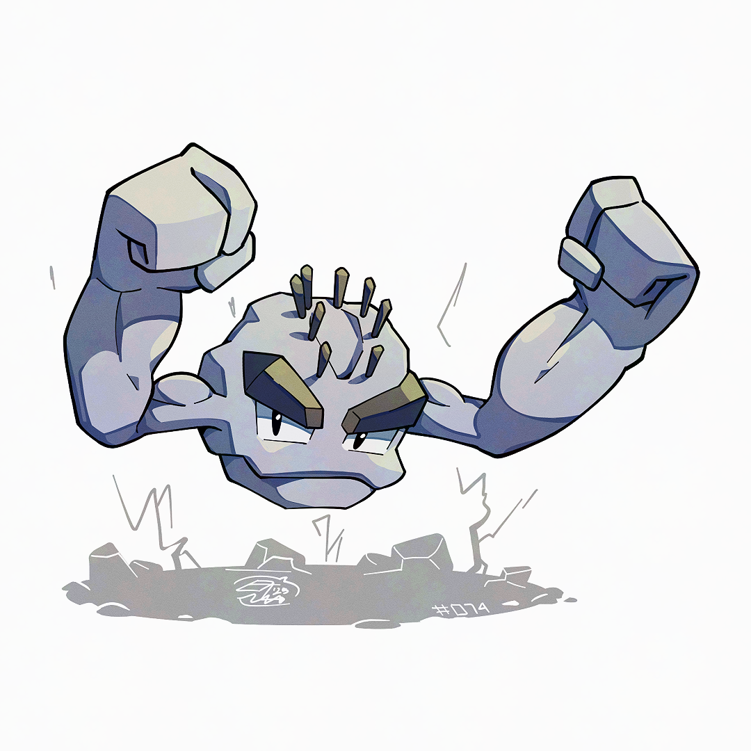 mistray-art, alolan geodude, nintendo, pokemon, alolan form, full body, gen 7 pokemon, looking at viewer, no humans, numbered, pokemon (creature), signature, simple background, solo, white background