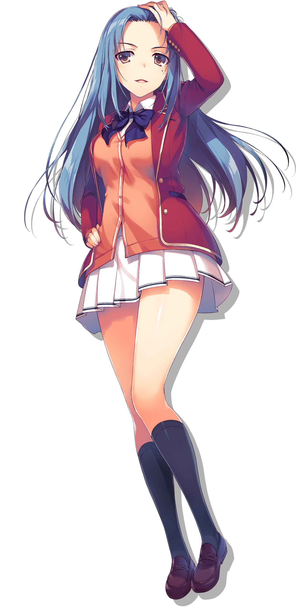 tomose shunsaku, hasebe haruka, youkoso jitsuryoku shijou shugi no kyoushitsu e, absurdres, highres, official art, 1girl, advanced nurturing high school uniform, black bow, black bowtie, black socks, blazer, bow, bowtie, brown eyes, brown shoes, cardigan, full body, hand on own hip, jacket, loafers, long hair, long sleeves, looking at viewer, mole, mole under eye, open clothes, open jacket, open mouth, orange cardigan, pleated skirt, red jacket, school uniform, shirt, shoes, simple background, skirt, socks, solo, transparent background, white shirt, white skirt