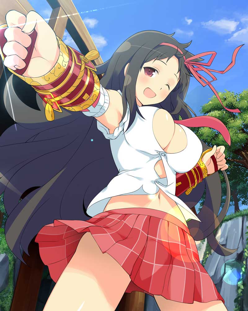 ayame (senran kagura), senran kagura, senran kagura new wave, game cg, non-web source, official art, 1girl, :d, arm warmers, armpits, black hair, blush, border, breasts, bridge, button gap, cleavage, english text, gauntlets, gold trim, hair ribbon, large breasts, long hair, navel, necktie, one eye closed, open mouth, outstretched arm, pink ribbon, plaid clothes, plaid skirt, pleated skirt, red eyes, red ribbon, red skirt, ribbon, shiny skin, shirt, skirt, sleeves rolled up, smile, solo, tree, white shirt
