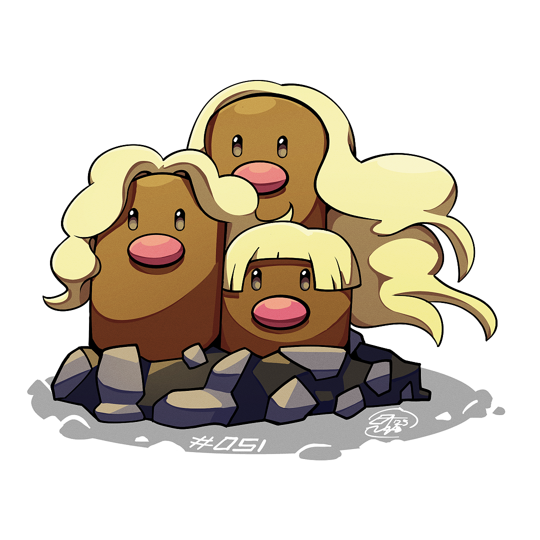 mistray-art, alolan dugtrio, nintendo, pokemon, alolan form, blonde hair, gen 7 pokemon, long hair, looking at viewer, no humans, numbered, pokemon (creature), signature, simple background, white background