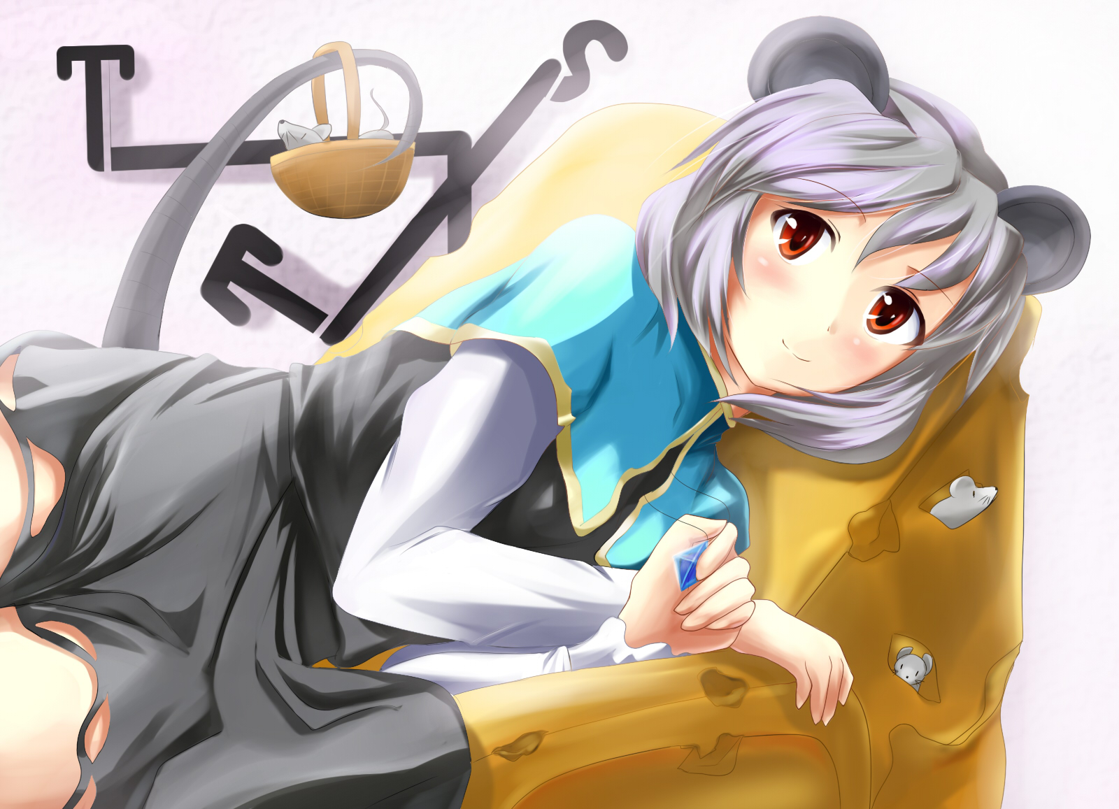 sakura ani, nazrin, touhou, highres, 1girl, animal ears, basket, blush, capelet, cheese, dowsing rod, female focus, food, grey hair, jewelry, mouse (animal), mouse ears, mouse tail, pendant, red eyes, short hair, solo, tail