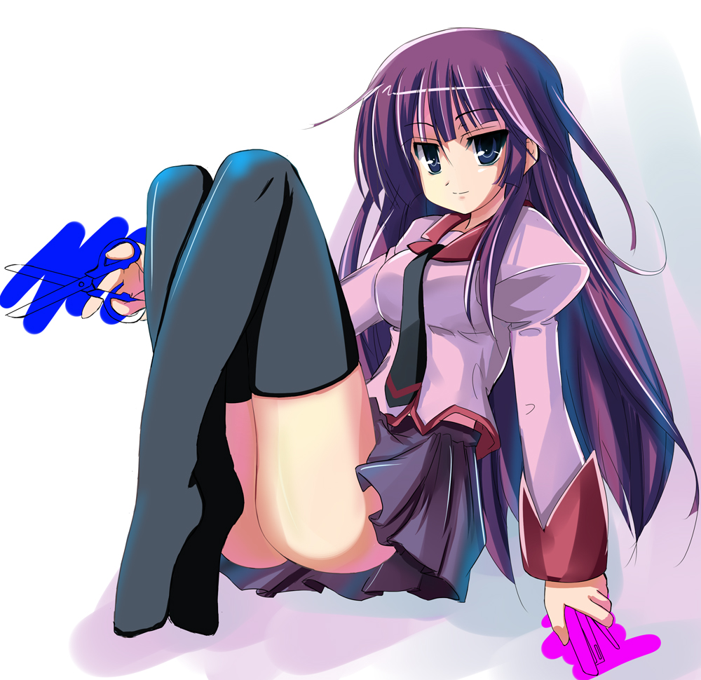sen (astronomy), senjougahara hitagi, bakemonogatari, monogatari (series), bad id, bad pixiv id, photoshop (medium), 00s, 1girl, blue eyes, crossed legs, female focus, holding, holding scissors, long hair, lying, naoetsu high school uniform, purple hair, school uniform, scissors, solo, stapler, thighhighs