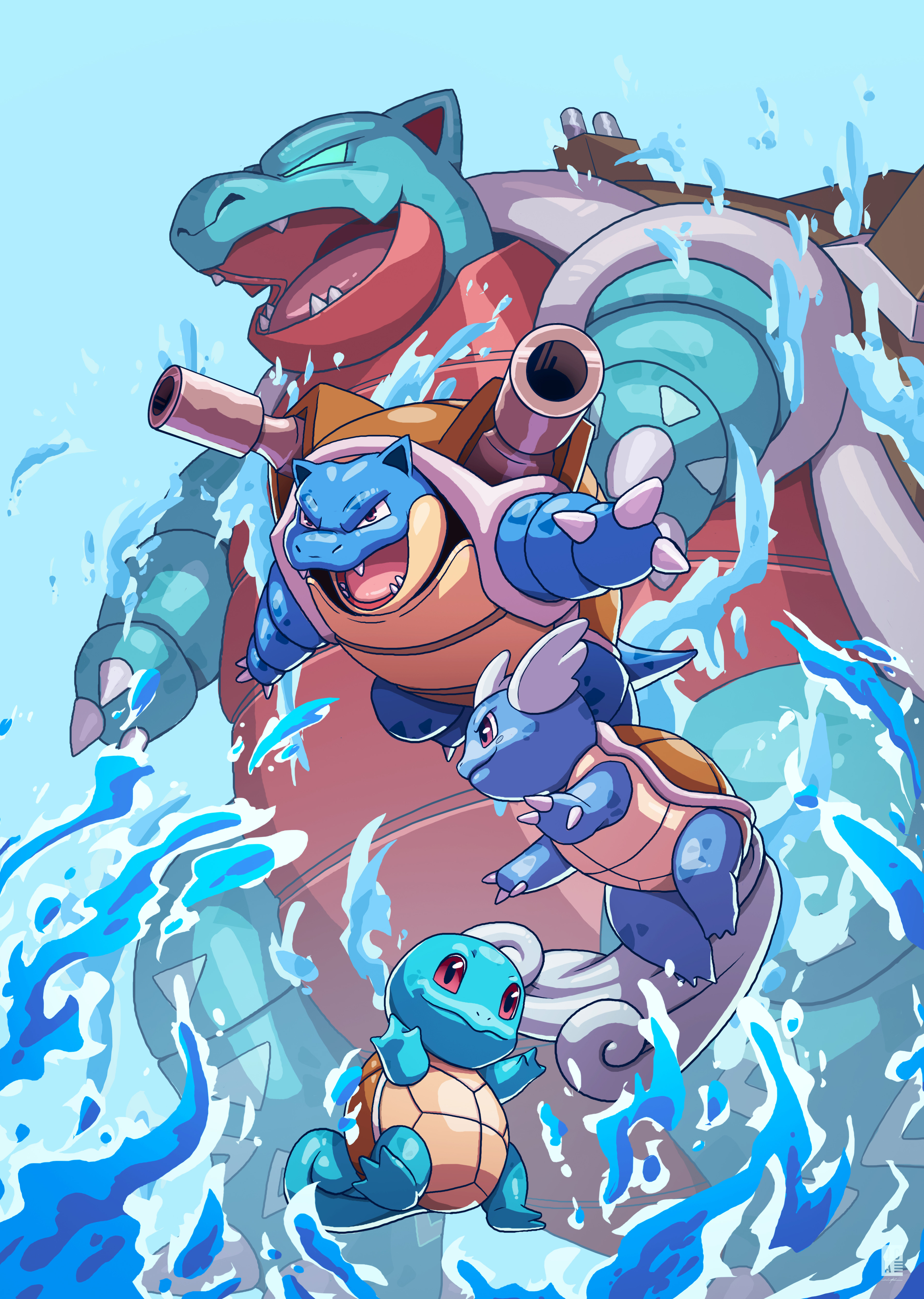 jackson caspersz, blastoise, squirtle, wartortle, nintendo, pokemon, 1other, artist name, blue skin, cannon, colored skin, dynamax, evolutionary line, fangs, full body, gen 1 pokemon, giant, head wings, open mouth, red eyes, shell, smile, smoke, tail, water, wings