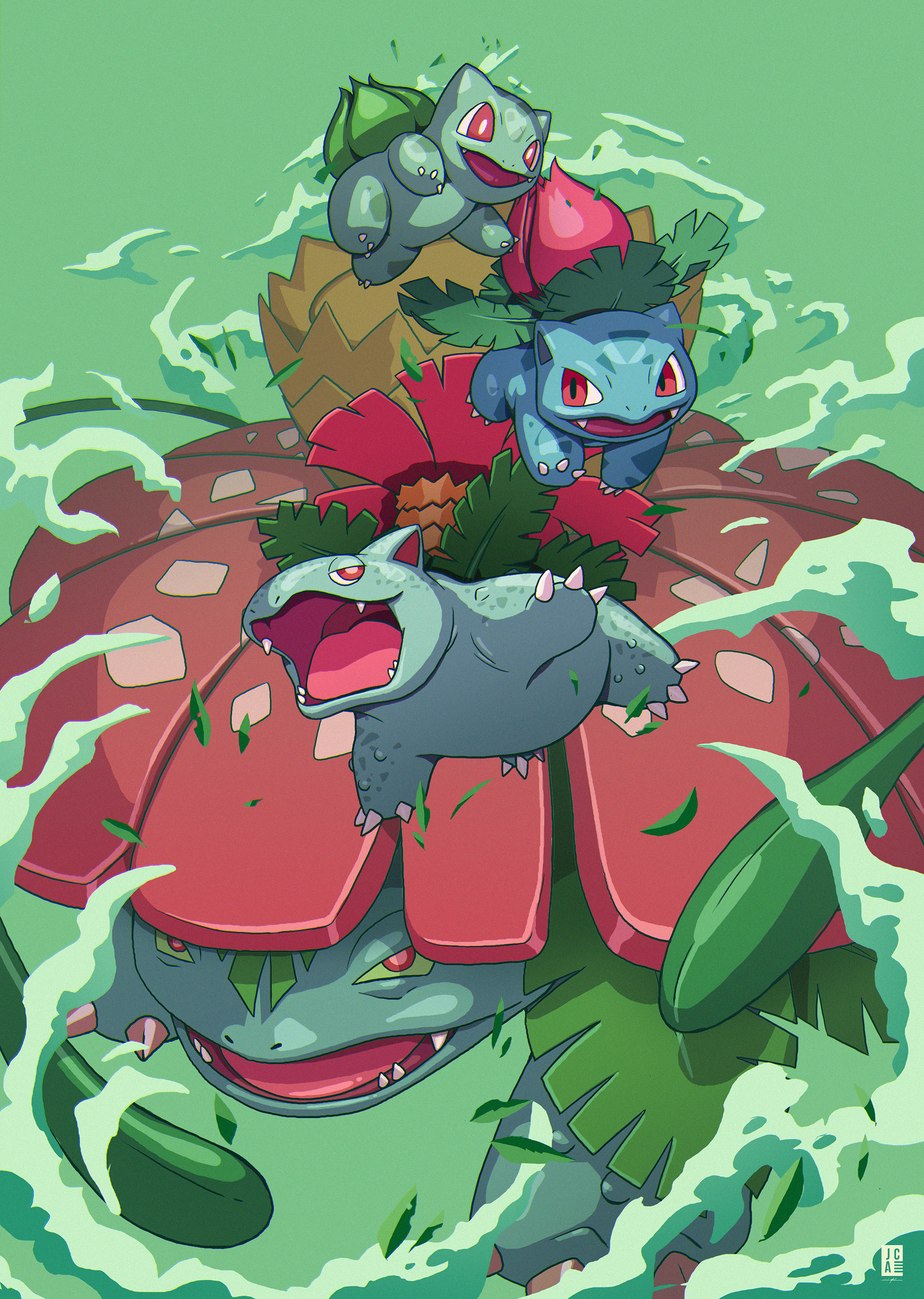 jackson caspersz, bulbasaur, ivysaur, venusaur, nintendo, pokemon, 1other, artist name, blue skin, claws, colored sclera, colored skin, dynamax, evolutionary line, falling petals, fangs, flower, full body, gen 1 pokemon, giant, green background, green sclera, green skin, leaf, open mouth, petals, red eyes, smile, smoke, whip