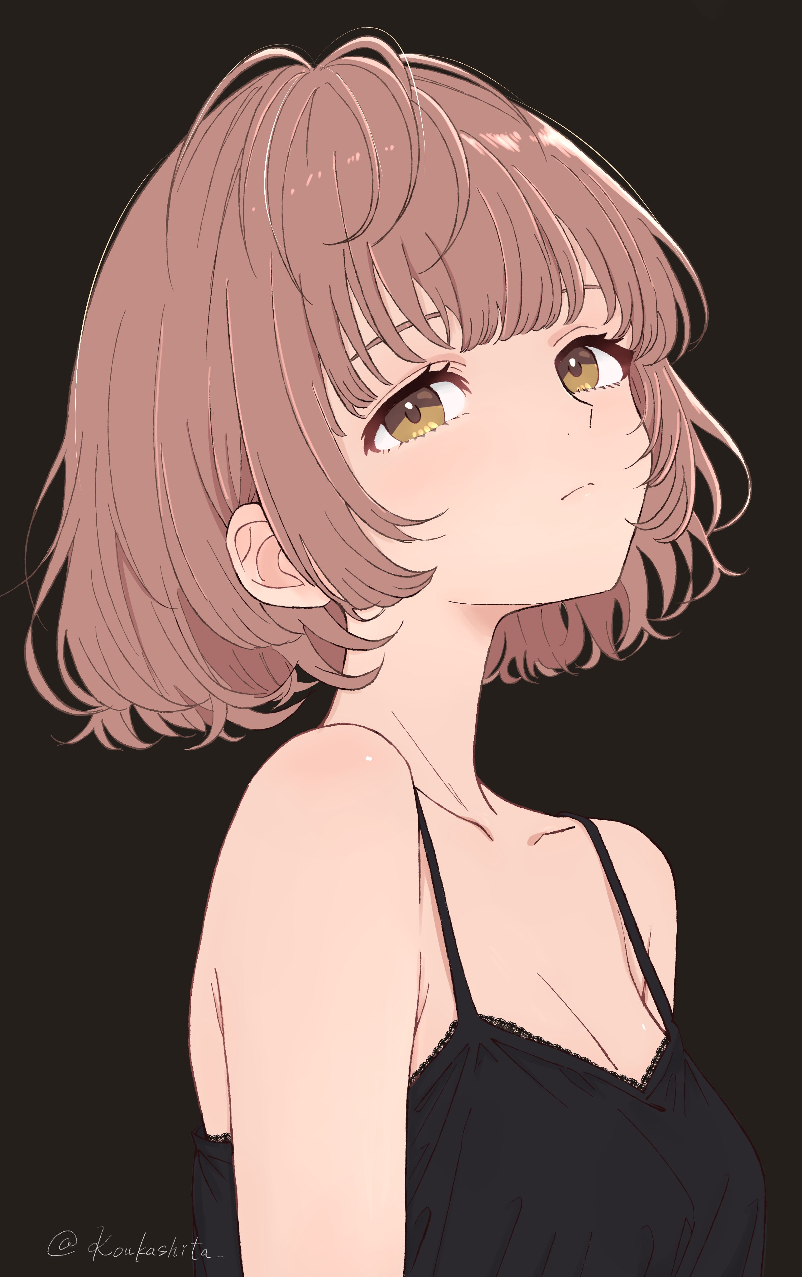 koukashita, ikuta haruki, idolmaster, idolmaster shiny colors, absurdres, highres, 1girl, black background, breasts, brown eyes, brown hair, camisole, lace-trimmed camisole, lace trim, looking up, medium breasts, short hair, simple background, solo, twitter username, upper body