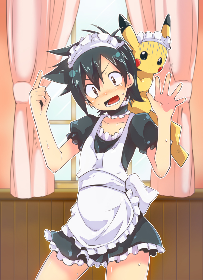 nakamura sandayo, ash ketchum, pikachu, nintendo, pokemon, pokemon (anime), 1boy, alternate costume, apron, black hair, blush, brown eyes, child, choker, clothed pokemon, cowboy shot, crossdressing, crossdressing (mtf), curtains, enmaided, gen 1 pokemon, maid, maid apron, maid headdress, male focus, male maid, open mouth, pokemon (creature), short hair, trap, window