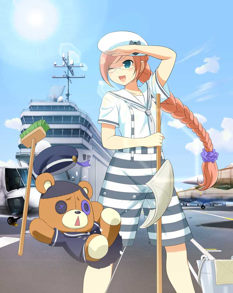 kumapooh (senran kagura), ranmaru (senran kagura), senran kagura, senran kagura new wave, gesture request, non-web source, official art, 1girl, aircraft, aircraft carrier, airplane, ascot, black shorts, black trim, blue eyes, blue sky, blush, braid, breasts, bucket, button eyes, buttons, collarbone, fighter jet, glasses, grey ascot, hair ornament, hair scrunchie, hand over eye, hat, helicopter, holding, holding mop, long braid, long hair, military hat, military vehicle, mop, mopping, official alternate hairstyle, one eye closed, open mouth, orange hair, outdoors, paper, pleated skirt, purple scrunchie, radio antenna, runway, sailor, sailor collar, scrunchie, ship, shirt, short sleeves, shorts, single braid, skirt, sky, slipping, small breasts, smile, striped clothes, striped shorts, stuffed animal, stuffed toy, sun, suspender shorts, suspenders, teddy bear, two-tone shorts, warship, watercraft, wheel, white hat, white sailor collar, white shirt, white shorts