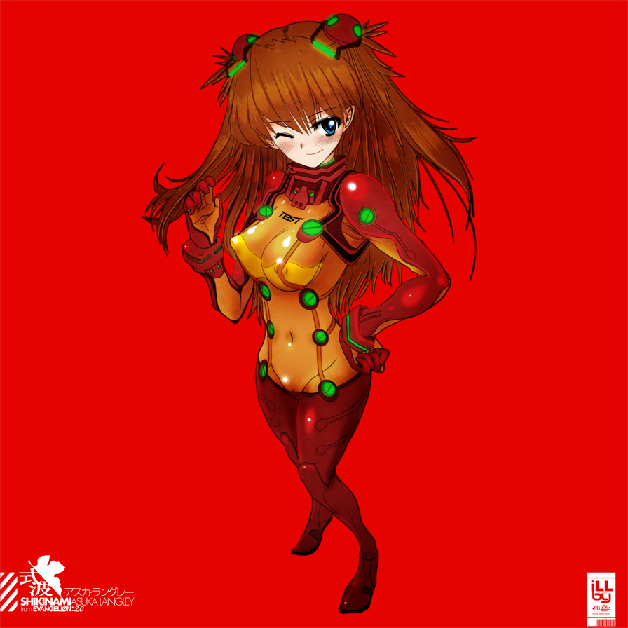 dokuro-san, souryuu asuka langley, evangelion: 2.0 you can (not) advance, neon genesis evangelion, rebuild of evangelion, 00s, 1girl, ;), armpits, blue eyes, blush, bodysuit, breasts, brown hair, cameltoe, character name, cleavage, clenched hand, closed mouth, clothes writing, copyright name, covered erect nipples, covered navel, english text, female focus, foreshortening, from above, from side, full body, gloves, glowing, groin, hair between eyes, hairpods, hand on own hip, hand up, happy, headgear, interface headset (evangelion), large breasts, light smile, long hair, looking at viewer, mecha pilot suit, narrow waist, neon trim, one eye closed, open hand, plugsuit (evangelion), red background, red hair, red theme, see-through cleavage, see-through clothes, shiny clothes, simple background, skin tight, smile, solo, standing, test plugsuit (evangelion), turtleneck, two side up