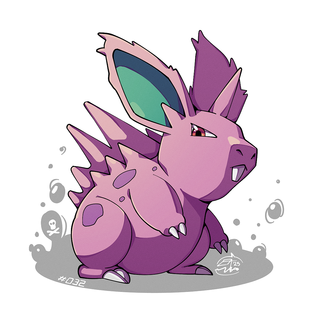 mistray-art, nidoran, nidoran (male), nintendo, pokemon, claws, colored skin, full body, gen 1 pokemon, looking at viewer, no humans, numbered, pink skin, pokemon (creature), red eyes, signature, simple background, solo, white background