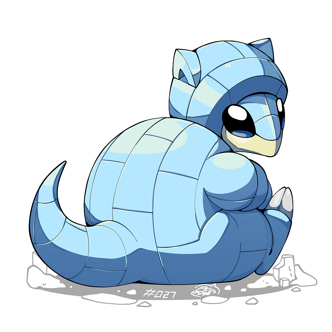 mistray-art, alolan sandshrew, nintendo, pokemon, alolan form, full body, gen 7 pokemon, looking at viewer, looking back, no humans, numbered, pokemon (creature), signature, simple background, sitting, solo, tail, white background