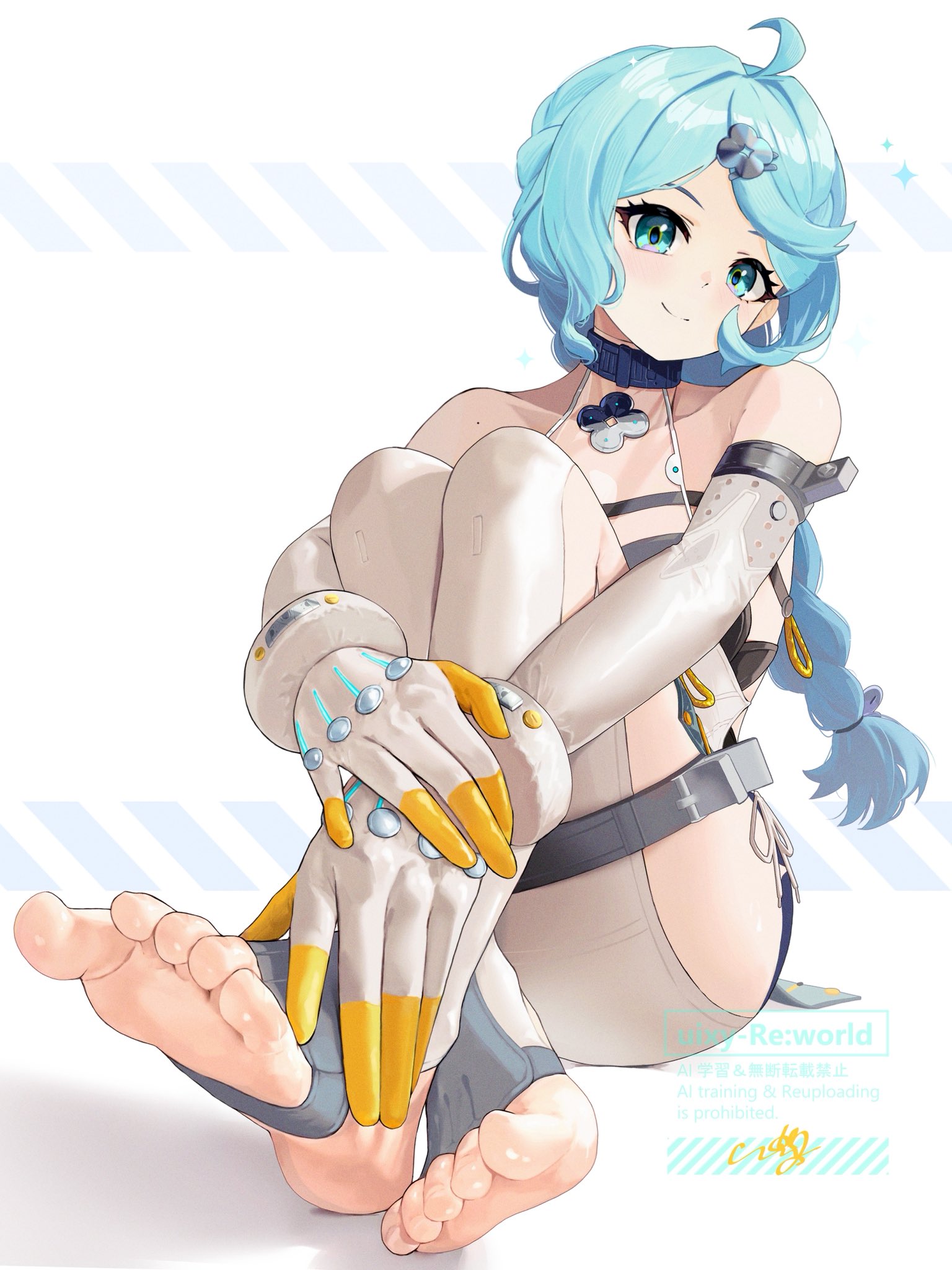 uixy, seed (zenless zone zero), zenless zone zero, commentary request, highres, 1girl, ahoge, bare shoulders, blue choker, blue eyes, blue hair, choker, closed mouth, clothing cutout, collarbone, elbow gloves, feet, flower hairpin, foot focus, gloves, hair ornament, hairpin, head tilt, knees up, long hair, looking at viewer, parted bangs, see-through dress layer, simple background, sitting, smile, solo, stirrup legwear, thigh cutout, toeless legwear, toes, watermark, white background, white gloves