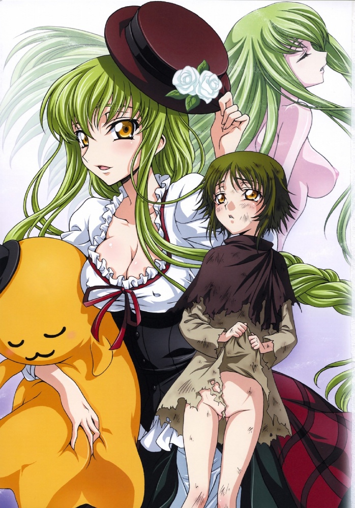 iyou, yukkyun, c.c., cheese-kun, code geass, 00s, 1girl, braid, breasts, cleavage, clothes lift, covered erect nipples, green hair, hat, large breasts, nipples, partially visible vulva, single braid, skirt, skirt lift, time paradox, torn clothes, yellow eyes