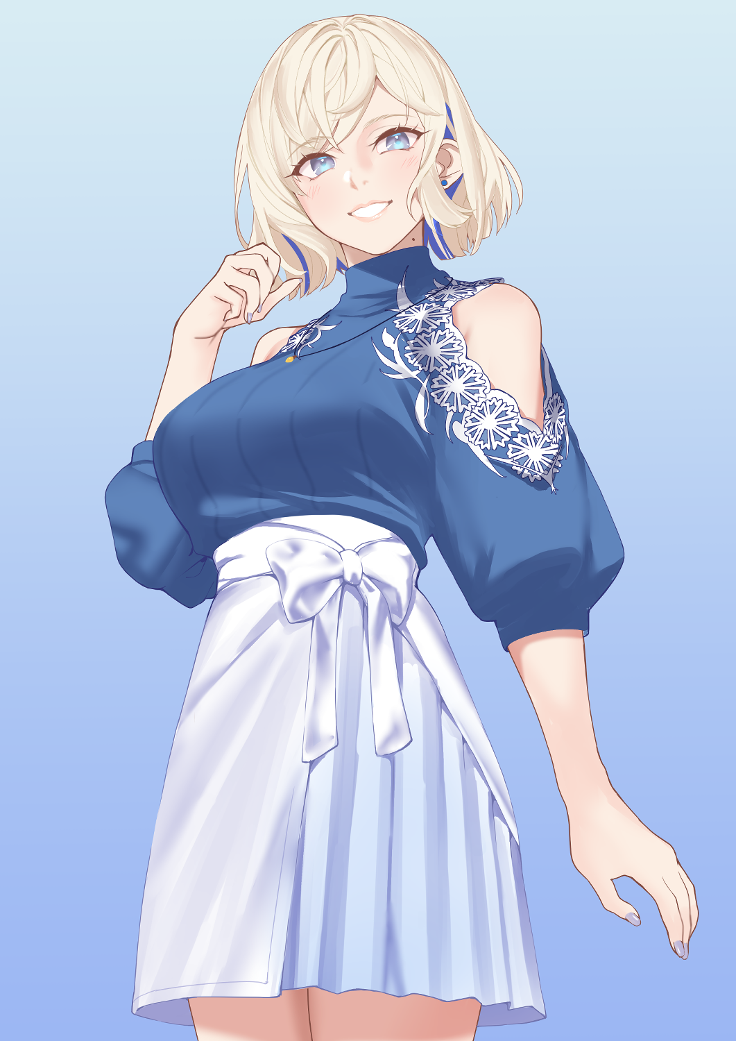 shingyou (alexander-13), gloire (kancolle), gloire (lawson) (kancolle), kantai collection, commentary request, highres, revision, 1girl, alternate costume, blonde hair, blue background, blue eyes, blue hair, blue nails, blue sweater, blush, breasts, clothing cutout, colored inner hair, gradient background, hair between eyes, hair ornament, large breasts, long sleeves, looking at viewer, mole, mole on neck, multicolored hair, official alternate costume, shirt, short hair, shoulder cutout, skirt, smile, solo, sweater, turtleneck, turtleneck shirt, turtleneck sweater, waving, white skirt