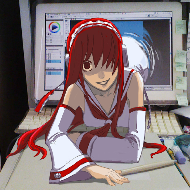 utu (ldnsft), juon kiku, the ring, vocaloid, photo (medium), 1girl, computer, computer keyboard, crazy eyes, detached sleeves, female focus, hair over one eye, leaning forward, long hair, parody, red eyes, red hair, solo, through medium, through screen, yandere
