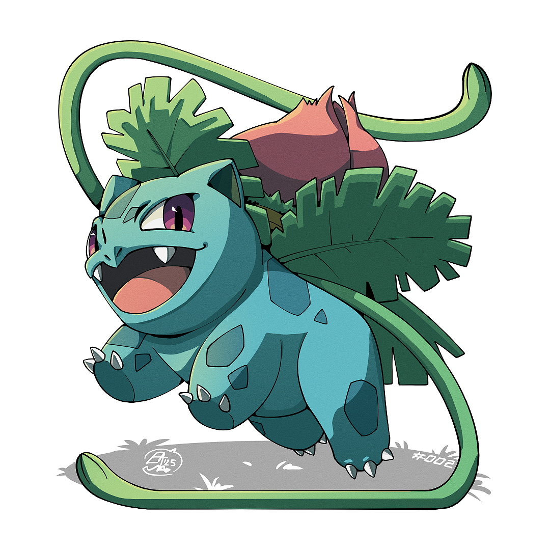 mistray-art, ivysaur, nintendo, pokemon, clip studio paint (medium), fangs, full body, gen 1 pokemon, leaf, no humans, numbered, open mouth, plant, pokemon (creature), signature, simple background, solo, vines, white background