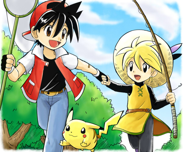 pokemoa, pika (pokemon), pikachu, red (pokemon), yellow (pokemon), nintendo, pokemon, pokemon adventures, 1boy, 1girl, bandaid, baseball cap, black hair, blonde hair, blue eyes, brown eyes, butterfly net, fingerless gloves, fishing rod, gen 1 pokemon, gloves, hand net, hat, hetero, holding, holding fishing rod, holding hands, net, poke ball, pokemon (creature), running, tabard, waist poke ball