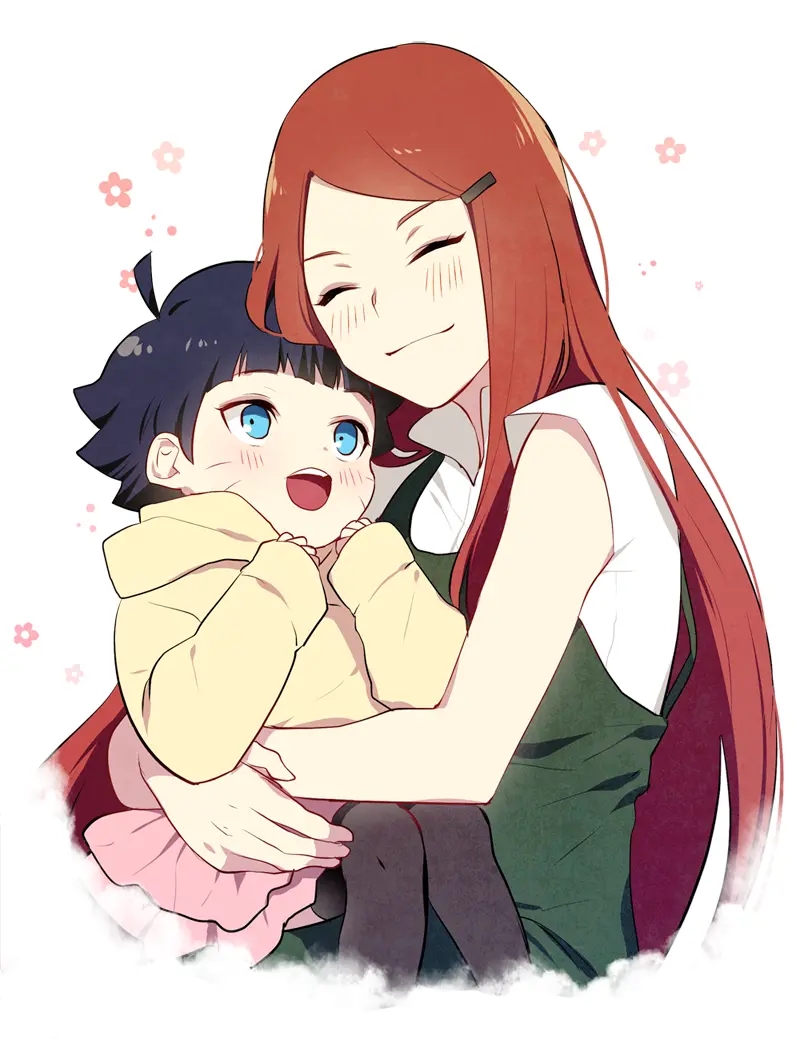 nipye, uzumaki himawari, uzumaki kushina, boruto: naruto next generations, naruto (series), naruto shippuuden, 2girls, :d, black hair, blue eyes, blush, closed eyes, closed mouth, dress, facial mark, grandmother and granddaughter, hair ornament, hairclip, holding, hug, jacket, long hair, long sleeves, multiple girls, open mouth, pink skirt, red hair, short hair, skirt, smile, teeth, upper teeth only, very long hair, whisker markings, yellow jacket